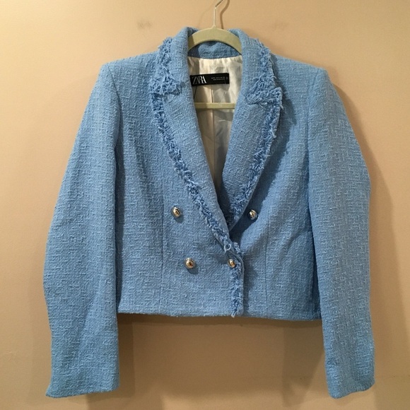 Zara Blazer Jacket Cropped Tweed Blue Preppy Blogger Fav Women’s Size s - Picture 3 of 10